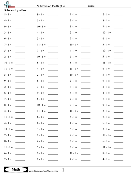 Subtraction Worksheets - 1s (horizontal) worksheet